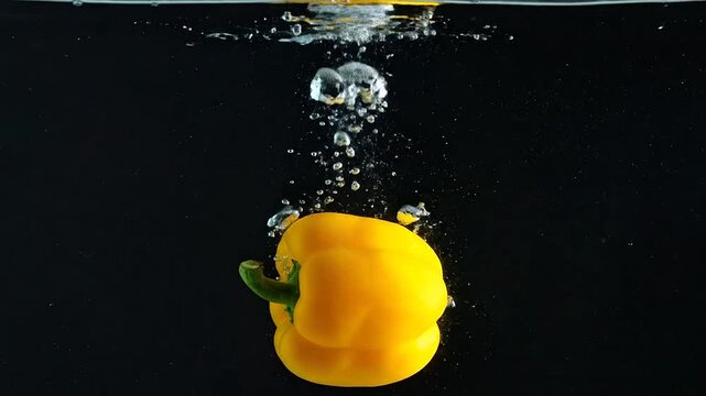 A bright yellow bell pepper splashes into dark water, creating ripples and bubbles