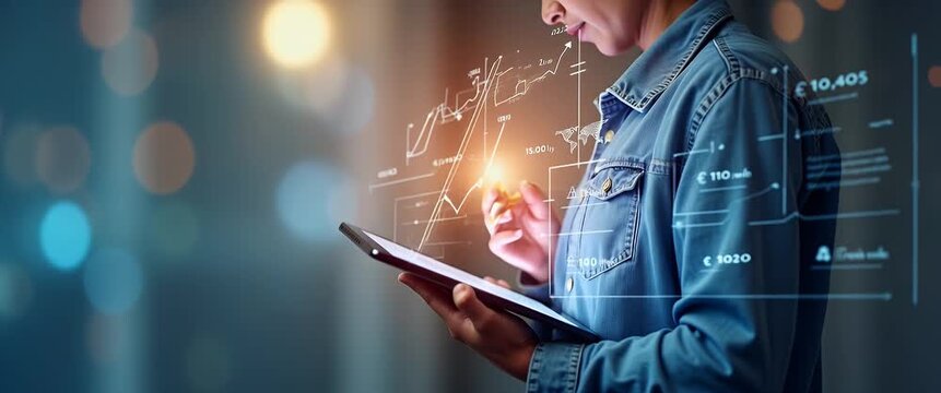 Technology professional interacts with digital tablet, glowing data charts overlay; camera slowly pans right, capturing innovation in action, blurred background lights gently flickering, cinematic sty