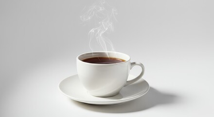 Obraz premium A classic porcelain white teacup filled with steaming hot black tea, presented on a matching saucer against a clean bright white background ,beverage ,breakfast ,bright