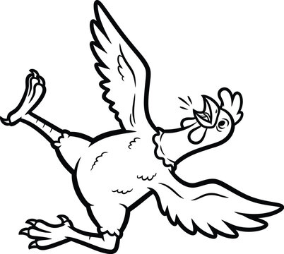 Detailed black and white line art illustration of a cartoon chicken frantically running or flying with its wings spread wide in alarm.