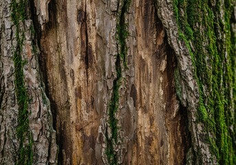 Obraz premium A detailed macro shot of rough, weathered tree bark covered lightly in green moss, showing the deep grooves and textures of ancient forest wood ,forest ,bark ,earthy