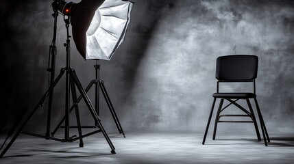 A studio setup featuring a softbox light beside a simple black chair against a textured background