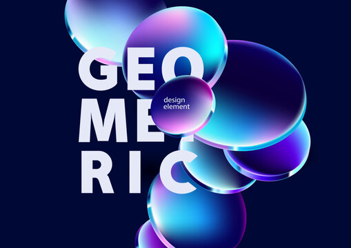 3D glass circle and ovals. Abstract poster design  of liquid glass geometric shapes.