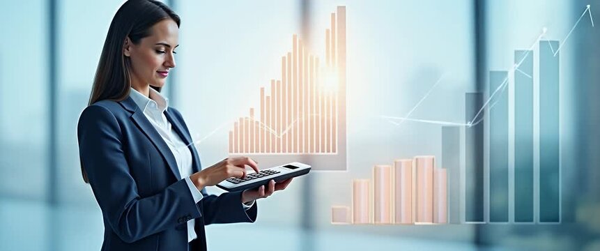 Professional woman analyzes data on a calculator with animated bar graphs rising; camera slowly pans across a modern office setting in a cinematic style, highlighting business growth.