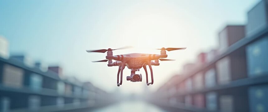 Cinematic aerial drone glides smoothly through urban skyline as sunlight flares, with camera gently panning to capture dynamic cityscape and advanced technology in high definition.
