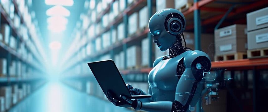In a futuristic warehouse, a robotic worker interacts with a laptop, surrounded by towering shelves, as the camera gently pans, highlighting technological innovation in a cinematic style.