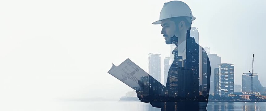 Architect reviews blueprints on construction site; silhouette reveals evolving city skyline; camera pans smoothly; ambient light flickers; cinematic, visionary urban development.