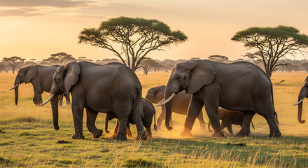 Fototapeta premium Herd of elephants walking across the savanna at sunset with acacia trees in the background