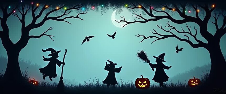 Ghosts and broomsticks border frame with spooky copy space for Halloween concept as Transparent ghosts and sweeping broomsticks framing spooky space for Halloween messages in  Photo Stock  Concept  an
