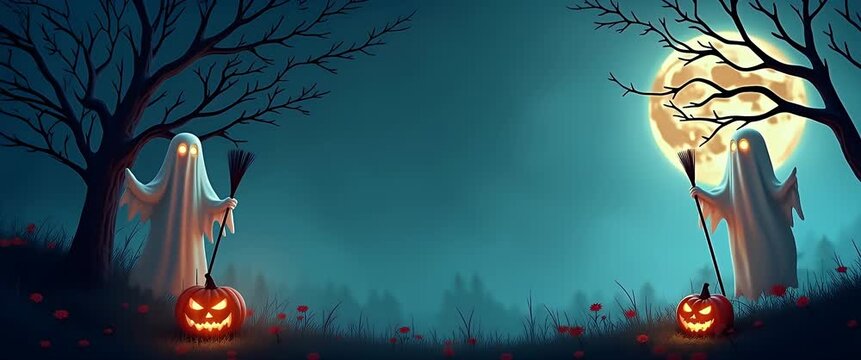 Eerie ghosts float gently through a moonlit forest, surrounded by glowing pumpkins and swaying trees; the camera pans slowly for a cinematic, Halloween-themed ambiance.