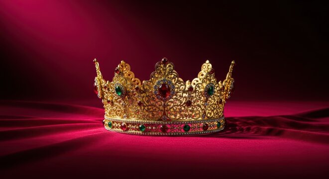 Ornate gilded crown resting on luxurious deep crimson velvet, highlighting ancient power and aristocratic vintage elegance, wealth, imperial, ancient