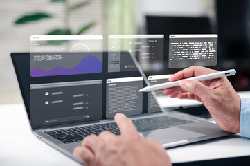 Modern businessman analyzes complex data charts artificial intelligence chat interfaces laptop screen virtual stylus interaction futuristic digital workspace professional technology environment