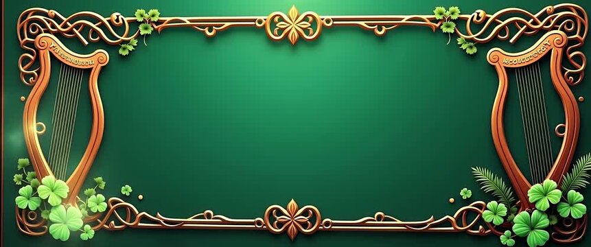 Elegant Celtic frame with harps and clovers; gentle ambient light flickers as camera slowly pans across the intricate design, capturing the rich, green background with a cinematic touch.