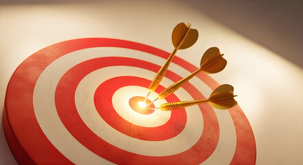 Three golden darts hitting bullseye on red and white target board