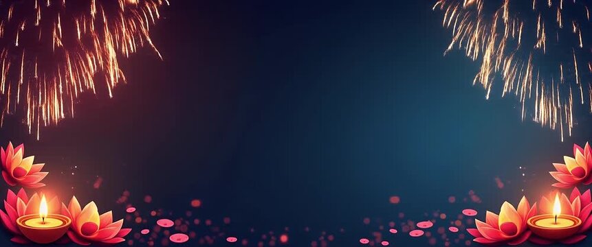 Colorful fireworks burst in the night sky, illuminating the serene lotus candles below; the camera gently pans across the festive scene, creating a cinematic, celebratory ambiance.