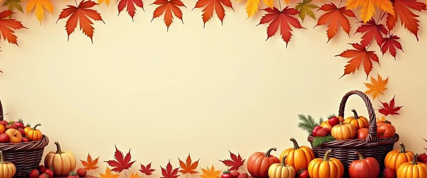Autumn leaves gently sway around baskets of pumpkins as the camera slowly pans across a serene harvest scene, creating a warm, inviting cinematic atmosphere perfect for seasonal themes.