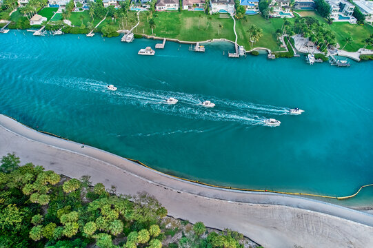Perfect boating waters at the confluence of the Indian and Loxahatchee river in Jupiter Island Florida with the inlet from the Atlantic Ocean in the Background
