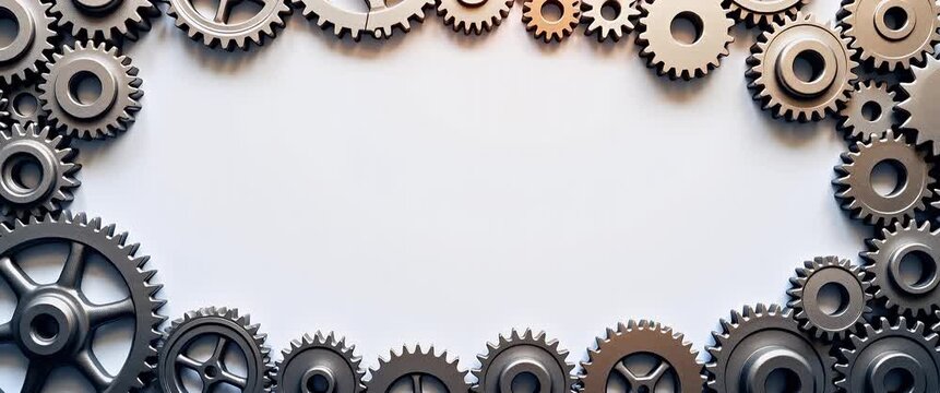 Rotating gears in a seamless loop with a slow pan, showcasing industrial mechanics in a cinematic style, perfect for engineering, innovation, and technology themes.