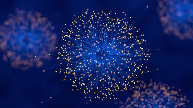 Dense blue sphere of thin branching lines with glowing yellow tips. Concept for neural network, collective intelligence, cellular growth, interconnectedness, spreading of ideas, creativity, innovation