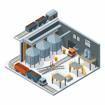 Isometric industrial complex with silos, trains, and factory elements.