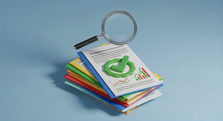 3d magnifying glass over stacked documents with checkmark and charts