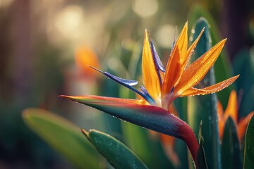 Vibrant Bird of Paradise bloom in a tropical garden, sharp foreground with soft green bokeh background