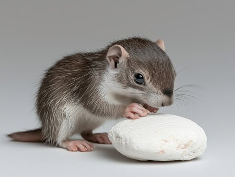 Tiny, brown/gray field mouse examining a white rock against a gray background