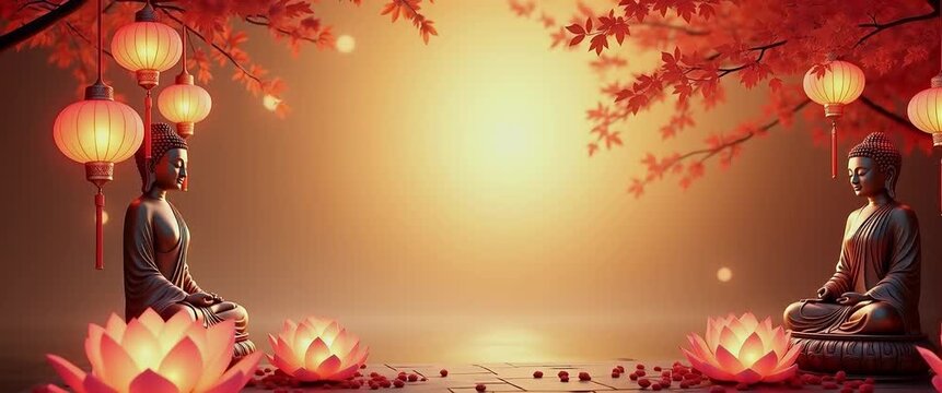 Serene meditation scene with two Buddha statues under glowing lanterns; gentle ambient motion as leaves sway and soft light beams flicker, captured in a cinematic slow pan for tranquil ambiance.