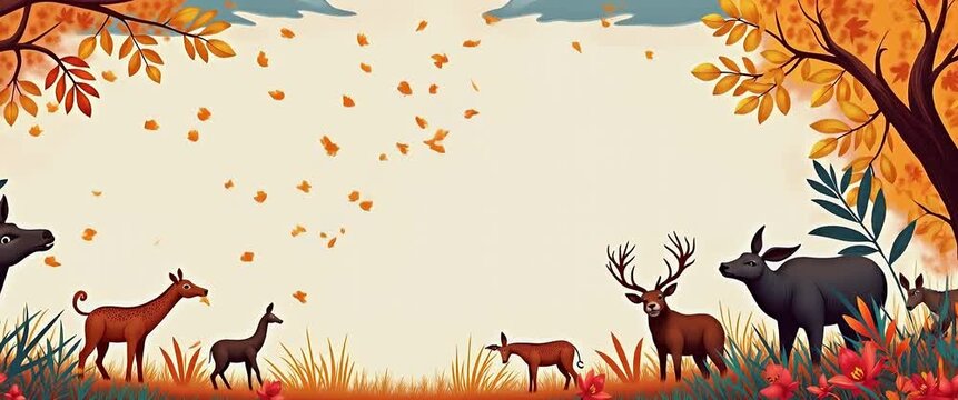 Autumn wildlife gathering in a serene forest, as deer gracefully move through falling leaves; camera slowly pans across a vibrant, colorful landscape in a cinematic, animated style.