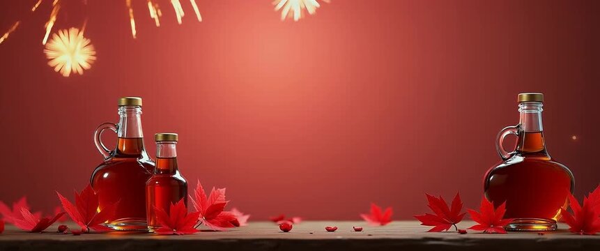 Maple syrup bottles on a rustic wooden table with vibrant red leaves sway gently, as fireworks burst in the background; camera slowly pans across the festive, cinematic scene.