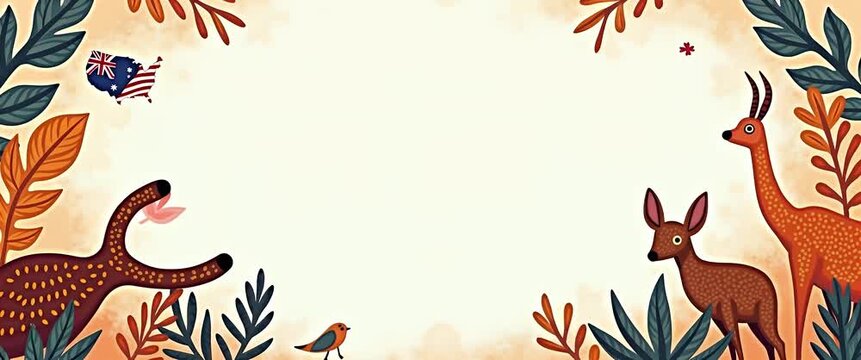 Whimsical animation of Australian wildlife gently swaying amidst vibrant foliage; camera smoothly pans, revealing playful deer and birds, perfect for educational content and storytelling.