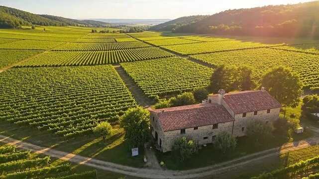 Expansive agricultural fields stretch across rolling hills under a bright sky