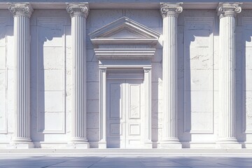 Obraz premium White marble building facade with columns and centered door, light shadows