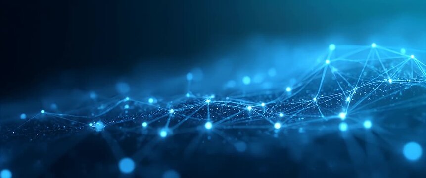 Abstract digital network nodes gently pulse and connect, as the camera slowly pans across a dark blue, futuristic background, creating a cinematic, high-tech ambiance.