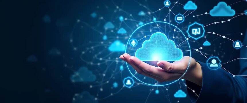 Hand gently raises glowing digital cloud icon amid interconnected network nodes, with camera smoothly panning across the scene in a futuristic, cinematic style.