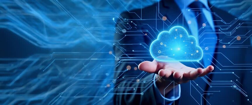 Businessperson presents a glowing digital cloud hologram, dynamic circuits animate in the background, with a smooth camera pan in a futuristic, cinematic style.