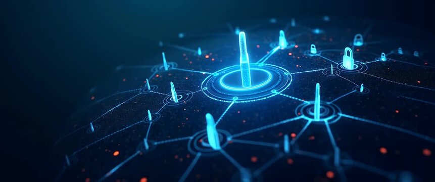 Glowing digital locks rotate on a network grid with a slow camera pan, evoking cybersecurity and data protection in a futuristic, cinematic style with ambient light flickers.