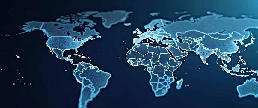 Cinematic world map animation with glowing countries, gentle lights flicker across continents; camera slowly pans for an engaging global perspective, ideal for technology or geography themes.