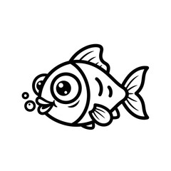 Cute Cartoon Fish Blowing Bubbles, Black and White Line Art, Simple Vector Illustration