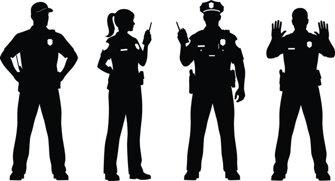 Police officer silhouettes in uniform with radio and badges, law enforcement professionals set, cad drawing flat vector illustration, security personnel.
