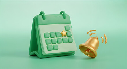 3d calendar reminder alert with golden star and notification bell icon