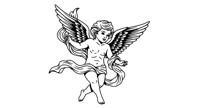 Flying Cherub Tattoo Line Art &ndash; Vintage Classical Angel Vector EPS 10