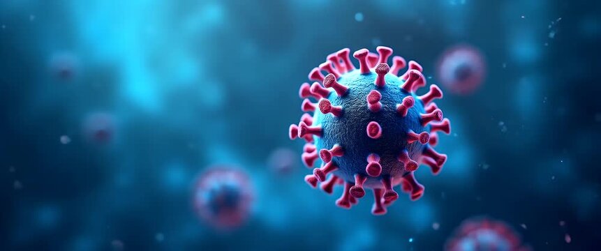 Cinematic close-up of a virus particle gently rotating in a vibrant blue environment, with soft ambient particles drifting and a slow camera pan enhancing the microscopic detail.
