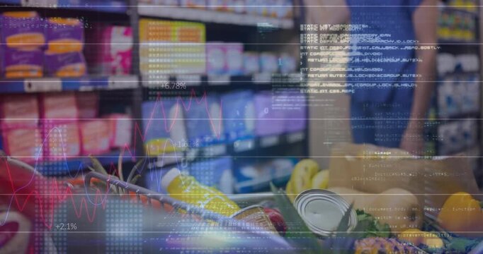 Animation of financial data processing over diverse man working in warehouse