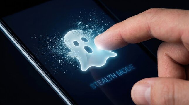 Hand enabling stealth mode on smartphone with ghost icon