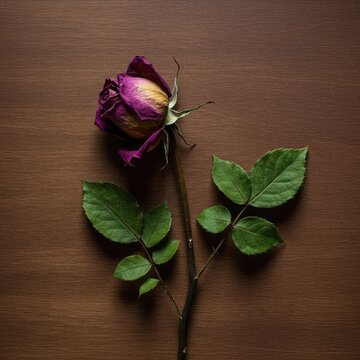 Dried and decaying rose isolated on a stark, dusty wooden surface, representing the finality of singleness and lost connections ,dating ,finality ,rose