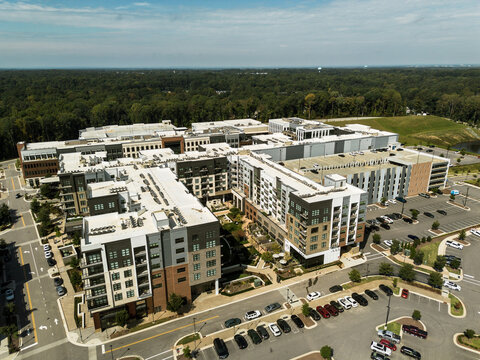 Aerial view of the Fenton mixed-use development in Cary , NC, with shopping, dining and apartments