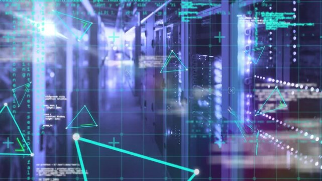 Animation of loading bar icon and triangle shapes over data processing against computer server room