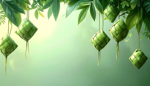 Eid al-Fitr background with several hanging ketupat made of woven coconut leaves and green foliage