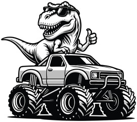 Cool dinosaur riding monster truck, black and white cartoon vector illustration of T rex with sunglasses driving oversized off road vehicle © LITON WORLD